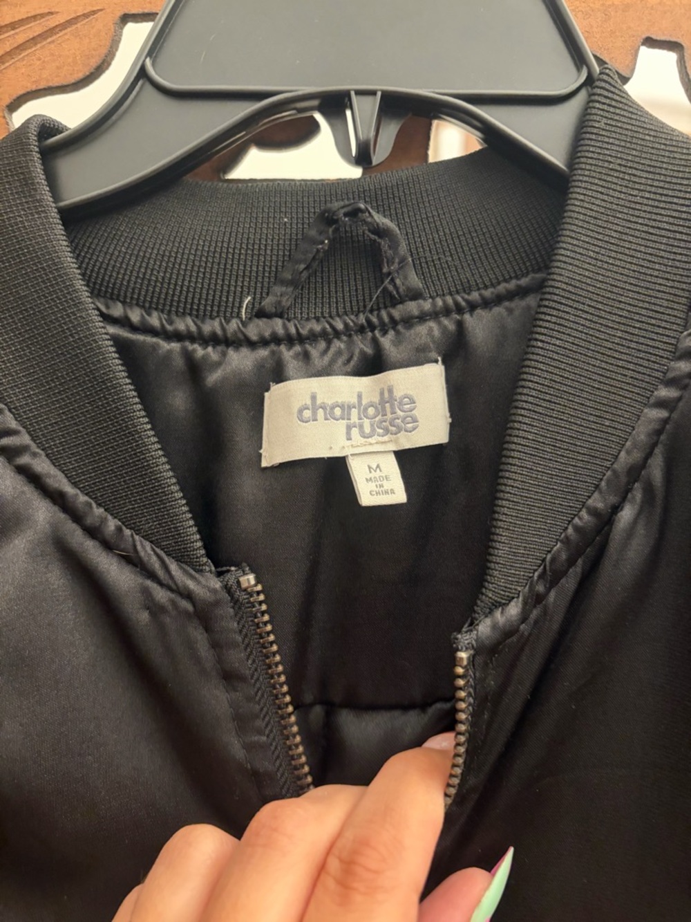 Charlotte Russe Black Satin Bomber Jacket with Ribbed Trim - Picture 3 of 5